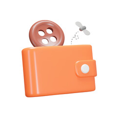 Poster - Empty wallet 3d icon. A button and a moth. Poverty. Isolated object on a transparent background