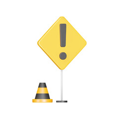 Poster - warning road sign with a cone 3d icon. exclamation point sign. isolated object on a transparent back
