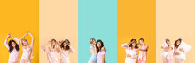 Beautiful Young Women In Pajamas On Color Background With Space For Text