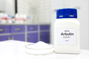 Wall Mural - Selective focus of a bottle of pure arbutin chemical compound or alpha arbutin whitening beside a petri dish with powder. White Chemistry laboratory background with copy space.