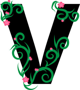 Letter V with graceful branches and flowers