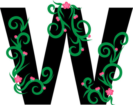 Letter W with graceful branches and flowers