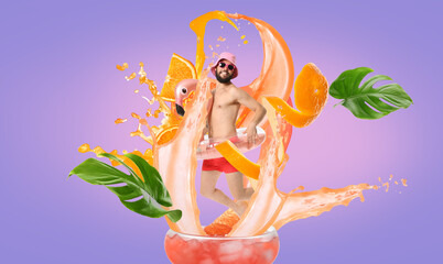 Wall Mural - Creative collage of happy young man with inflatable ring, glass of splashing cocktail and tropical leaves on color background