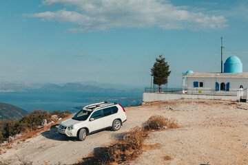 Wall Mural - car travel concept Lefkada island Prophet Elias church