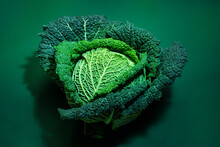 Fresh Beautiful Savoy Cabbage Head Over Green Background
