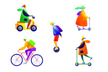 Vector Graphics.Set Of Velo And Moto Transport. People Go On Transport.