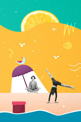 Vertical collage picture of two people black white effect practice exercise yoga drawing world flying birds orange slice instead sun