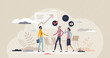 Employee onboarding process and welcoming to new job tiny person concept. Greetings to hired employee and duties explanation for better staff integration vector illustration. Human resources work.