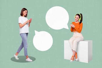 Aufkleber - Collage picture of two best friends communicating through cellphone far from each other isolated on pastel background