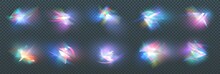 Rainbow Crystal Light Leak Flare Reflection Effect. Vector Illustration Set. Colorful Optical Rainbow Lights Beam Lens Flare Leak Overlay Streaks On Transparent Dark Background.