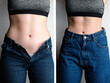 Female body before and after weight loss, diet concept. Woman is measuring belly and legs in jeans.