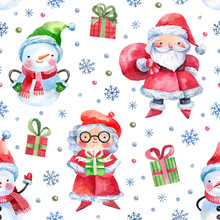Cute Christmas Pattern With Hand Drawn Watercolor Santa Claus, Mrs Claus, New Year Gifts, Snowflakes. Seamless Background For The New Year And Christmas. Childish Style Festive Texture.