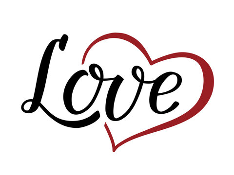 Word Love, handwritten lettering with red heart. Modern brush ink calligraphy. For Saint Valentine's Day, Mother's Day, Wedding, greeting card, printout, gift.