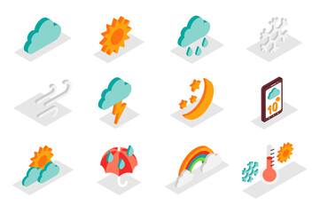 Poster - weather forecast concept 3d isometric icons set. pack isometry elements of cloud, sun, rain, snowfla