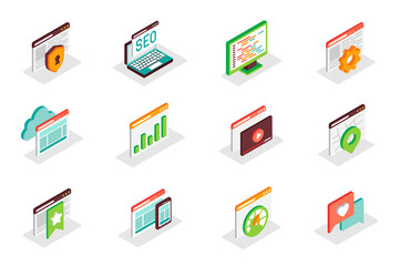 Poster - SEO optimization concept 3d isometric icons set. Pack isometry elements of security, keyword, settings, data, content, location, bookmark, speed and other. Illustration for modern web design