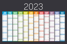Year 2023 Colorful Calendar On Dark Background. Vector Template.