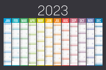 Year 2023 colorful calendar on dark background. Vector template.