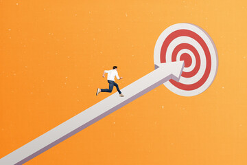 Poster - Collage photo of young businessman running forward achieve his goals growing up isolated on arrow pointing to darts target background
