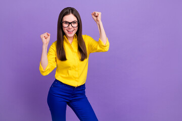 Sticker - Portrait of attractive cheerful lucky girl rejoicing having fun isolated over bright violet purple color background