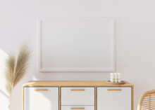 Empty Picture Frame On White Wall In Modern Living Room. Mock Up Interior In Scandinavian, Boho
