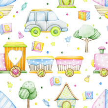 A Train. Auto. Trees, Boat, House, Stars, Cubes Letters. Watercolor Seamless Pattern, Cartoon Style, On An Isolated Background.