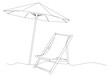 sinlge line drawing of parasol and beach chair isolated on white background, line art vector illustration