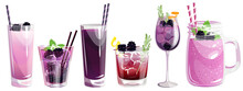 A Set Of Blackberry Cocktails.Summer Refreshing Drinks In Different Glasses.Blackberry Smoothie, Blackberry Milkshake,  Blackberry Juice.
