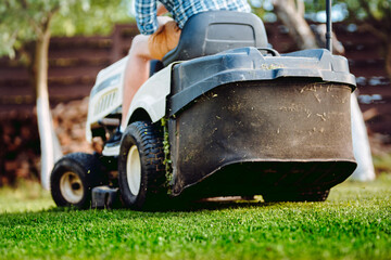 Wall Mural - Close up details of landscaping and gardening. Worker riding industrial lawnmower