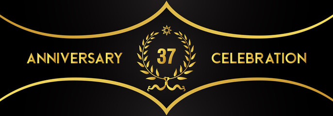 37 years anniversary celebration with gold laurel wreath and star on luxury black background. Premium design for banner, poster, weddings, happy birthday, greetings card, graduation, invitation card.