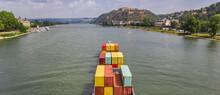 Panorama Of A Cargo Ship On The River Rhine Near Koblenz, Germany