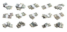 Big Set Of Bundles Of US Dollar Bills Isolated On White. Collage With Many Packs Of American Money With High Resolution On Perfect White Background
