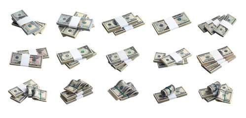 Big set of bundles of US dollar bills isolated on white. Collage with many packs of american money with high resolution on perfect white background