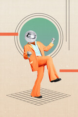 collage photo of crazy energetic dancing disco ball man enjoy retro style party isolated on pastel g