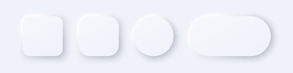 Set of 3D vector buttons for mobile app: search, player, switch, etc. Geometric shapes: circle, square, rectangle on white background with light shadows. 