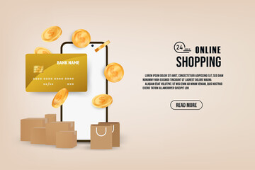 Wall Mural - Vector online shopping background. Credit card and smartphone. Mobile shopping app concept.