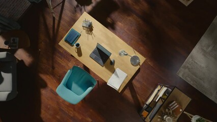 Poster - top view static shot home office: stylish empty home office space, wooden desk, laptop computer, woo