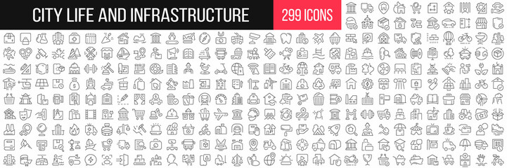 Wall Mural - City life and infrastructure linear icons collection. Big set of 299 thin line icons in black. Vector illustration