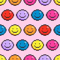 Fototapete - Seamless vector pattern with cute pixel smiling faces. Background with colorful geek emojis in the style of 90s game. Oldschool graphic texture