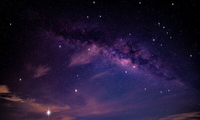 Wall Mural - blue sky with purple milky way and many stars in dark night background.with noise and grain.photo by