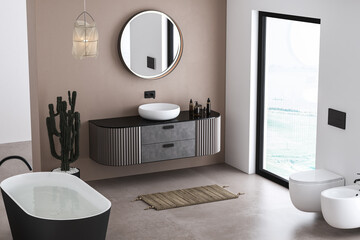 Corner of modern bathroom with white and beige walls, concrete floor, comfortable bathtub, toilet, bidet  and beautiful sink with round mirror. 3d rendering
