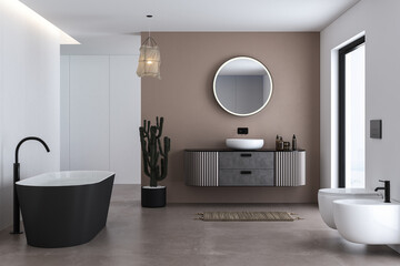 Wall Mural - Corner of modern bathroom with white and beige walls, concrete floor, comfortable bathtub, toilet, bidet  and beautiful sink with round mirror. 3d rendering
