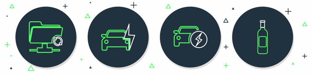Poster - Set line Electric car, FTP sync refresh and Bottle of wine icon. Vector