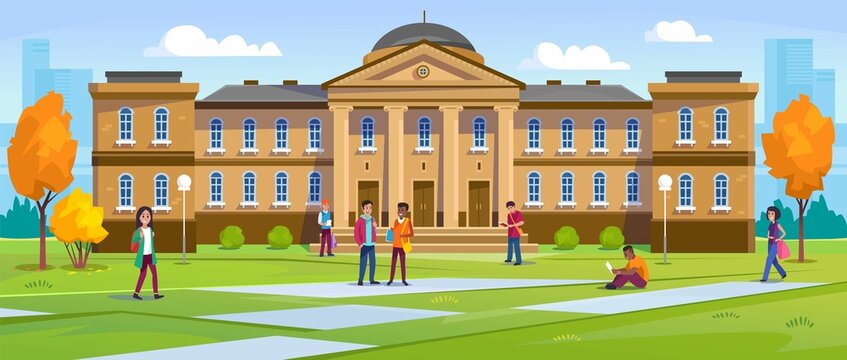 Wall Mural - A diverse group of students before a university campus building, college or library. Young people walk with books in a garden and talk before studying. Cartoon style vector illustration.