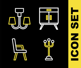 Poster - Set line Chest of drawers, Coat stand, Armchair and Chandelier icon. Vector