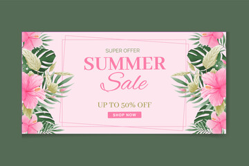 Green summer tropical background with exotic palm leaves and hibiscus pink flowers. Vector floral background. Sale banner or flyer template.