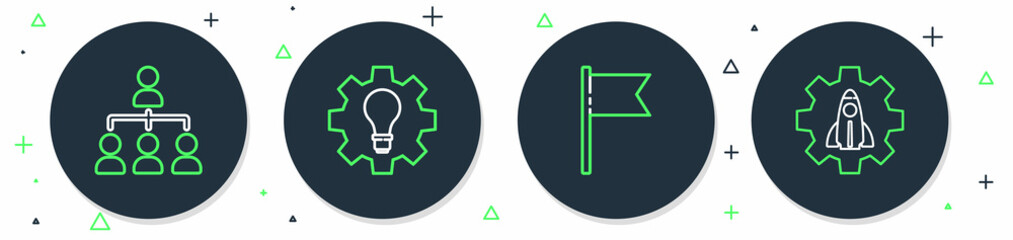 Set line Light bulb and gear, Location marker, Hierarchy organogram chart and Startup project concept icon. Vector