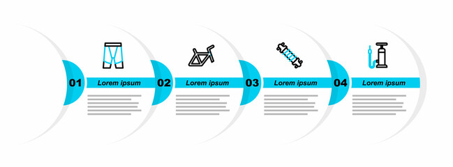 Poster - Set line Bicycle air pump, suspension, frame and Cycling shorts icon. Vector