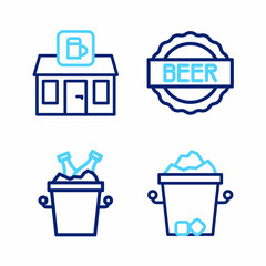 Sticker - Set line Ice bucket, Beer bottles in ice, Bottle cap with beer and Store building of shop icon. Vector