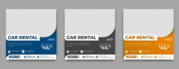 Wall Mural - Set of editable social media template for car rental promotion. Flat design vector with place for the photo. Usable for social media, story and web internet ads.