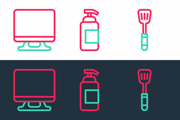 Sticker - Set line Spatula, Smart Tv and Antibacterial soap icon. Vector